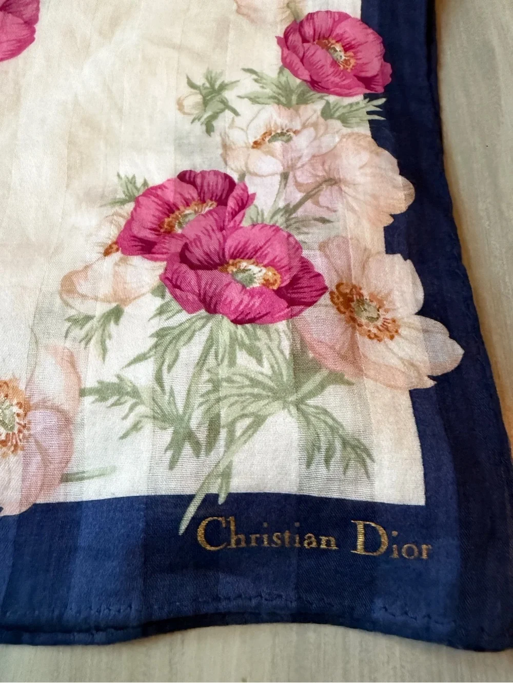 Christian Dior Scarf Blue & White stripes, Floral & Vibrant Pink CD Ribbon